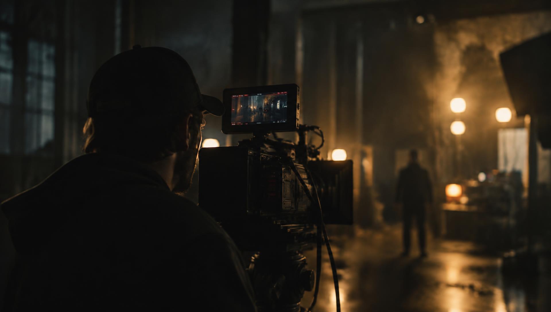 Cinematographer operating a camera on a dark film set